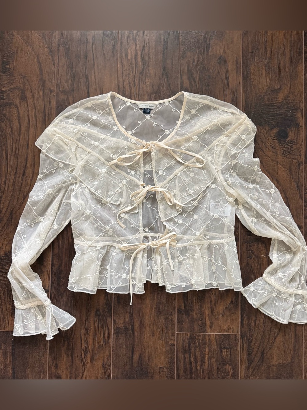 American Eagle Sheer Lace Embroidered Ruffle Tie Front Blouse Cream Size Small